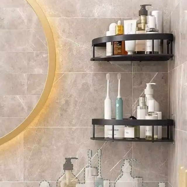KORVIXA 2 Tier Wall Mounted Corner Bathroom Shelf Rack in Matt Black, W: 60 cm, D: 45 cm – 1