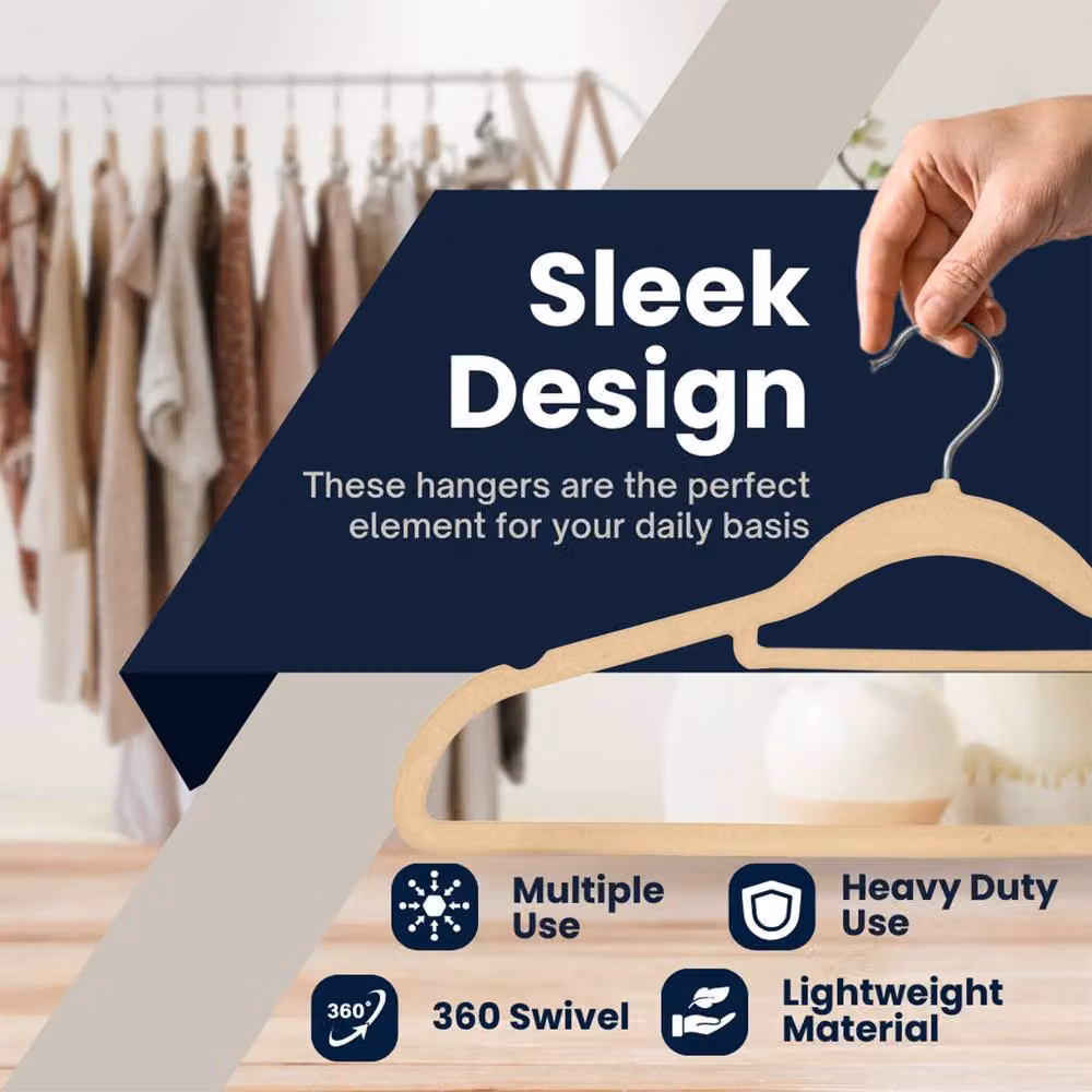 Sasha Morel 50 Pack Non-Slip Velvet Coat Hangers with Tie Organiser and Swivel Hooks in Taupe Pink – 3