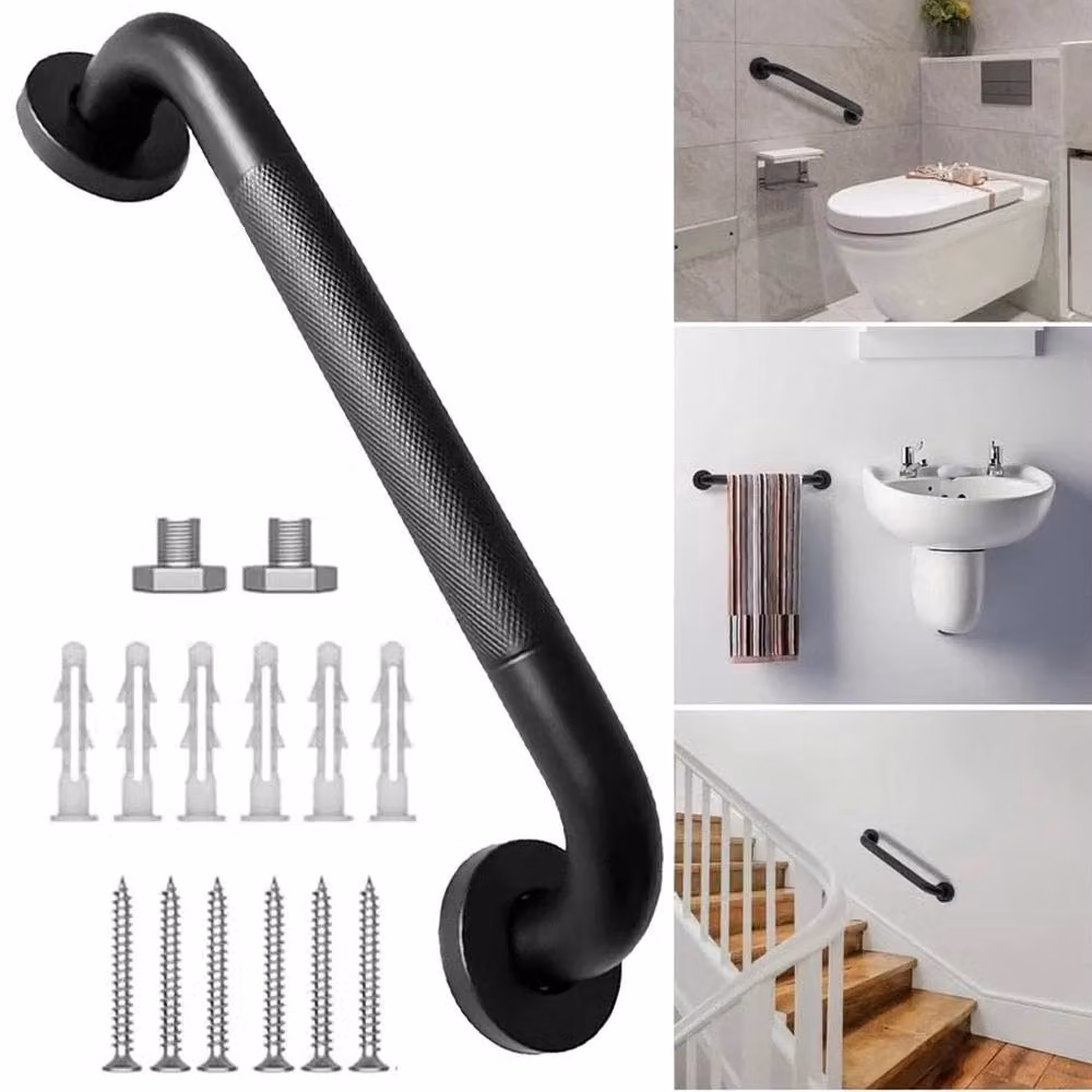 VOGREX Matt Black Stainless Steel Non-Slip Wall Mounted Shower Grab Bar Support Hand Rail – 3
