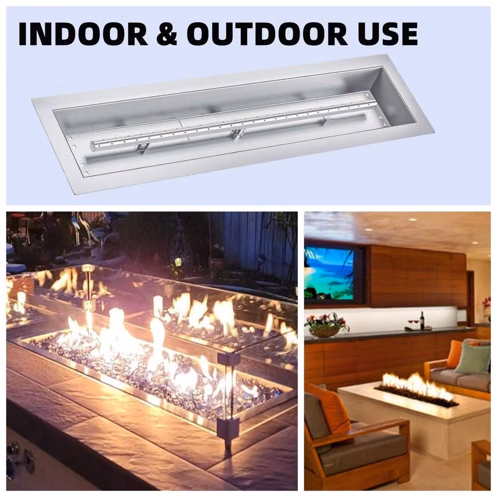 London Boutique Recessed Fire Pit Burner for Natural Gas and Propane, Silver, W: 76.2 cm, D: 15.24 cm – 2