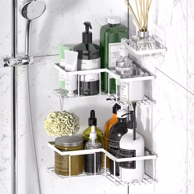 FORGEVIO White 3-Pack Rustproof Corner Shower Caddy, Stainless Steel Metal Adhesive Storage, Width: 180 cm, Height: 180 cm