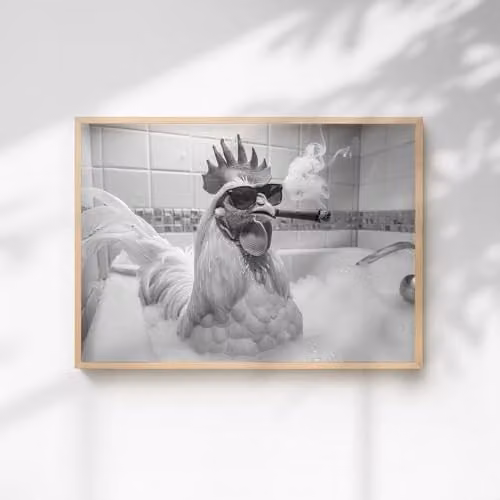 60 Second Makeover Chicken Smoking a Cigar in the Bath Quirky Animal Print Wall Art Poster, A3, Black, White and Grey