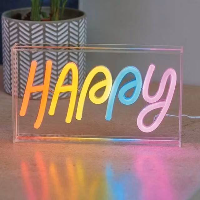 Marco Paul Neon LED Happy Light Sign, Multicoloured and Transparent Tabletop Lighting