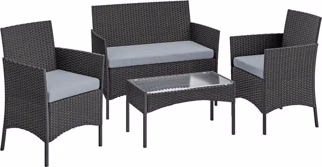 Outsunny 4 Piece Rattan Garden Furniture Set in Black with 2 Seater Sofa, Armchairs, Glass Top Coffee Table and Cushions – 1