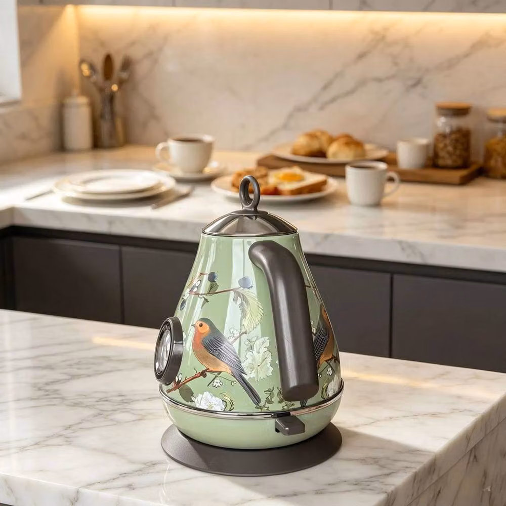 NESTLUNE Retro Bird Print Electric Kettle with Thermometer in Green Stainless Steel, 1000ml – 4