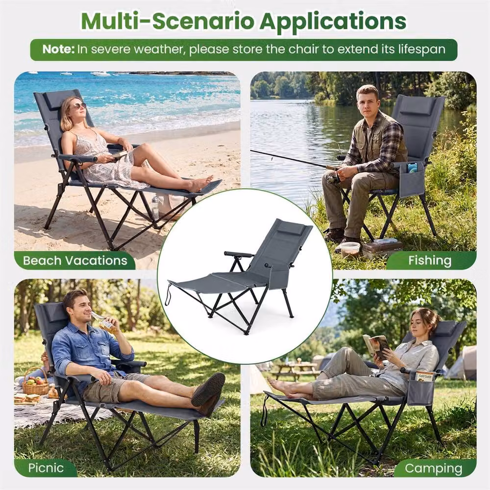 NESTLUNE Grey Folding Lounge Chair with Adjustable Headrest and Armrests – 3