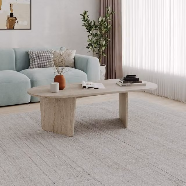 Decortie Oval Coffee Table in Beige and Yellow Composite Stone, W/D/H: 130 x 65 x 40 cm