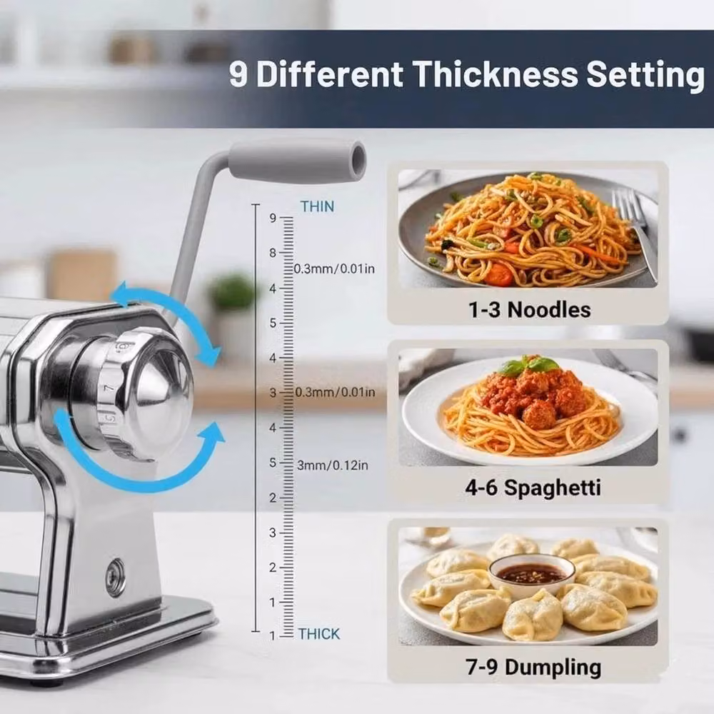 VOGREX 9-Setting Stainless Steel Manual Pasta Maker with Double Cutter in Silver – 4
