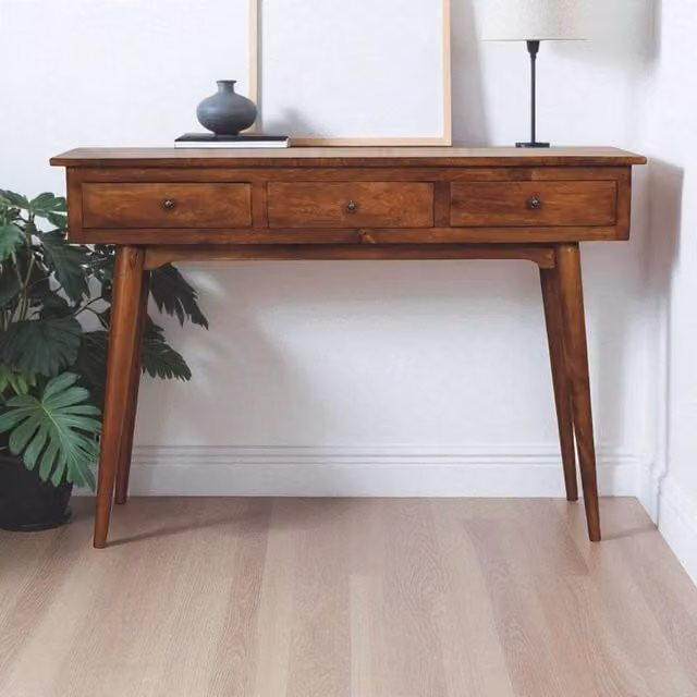 STILVORA Minimalist 3 Drawer Mango Wood Console Table in Brown Matt Finish