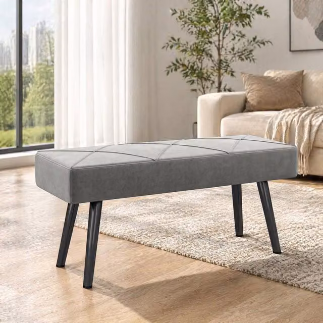 STILVORA Modern Upholstered Grey Fabric Bench with Metal Legs – 1