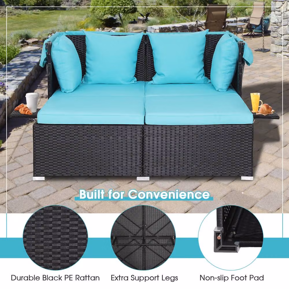 Gymax Turquoise Hand-Woven PE Wicker Patio Loveseat Sun Lounger Day Bed with Canopy and Side Tray – 6