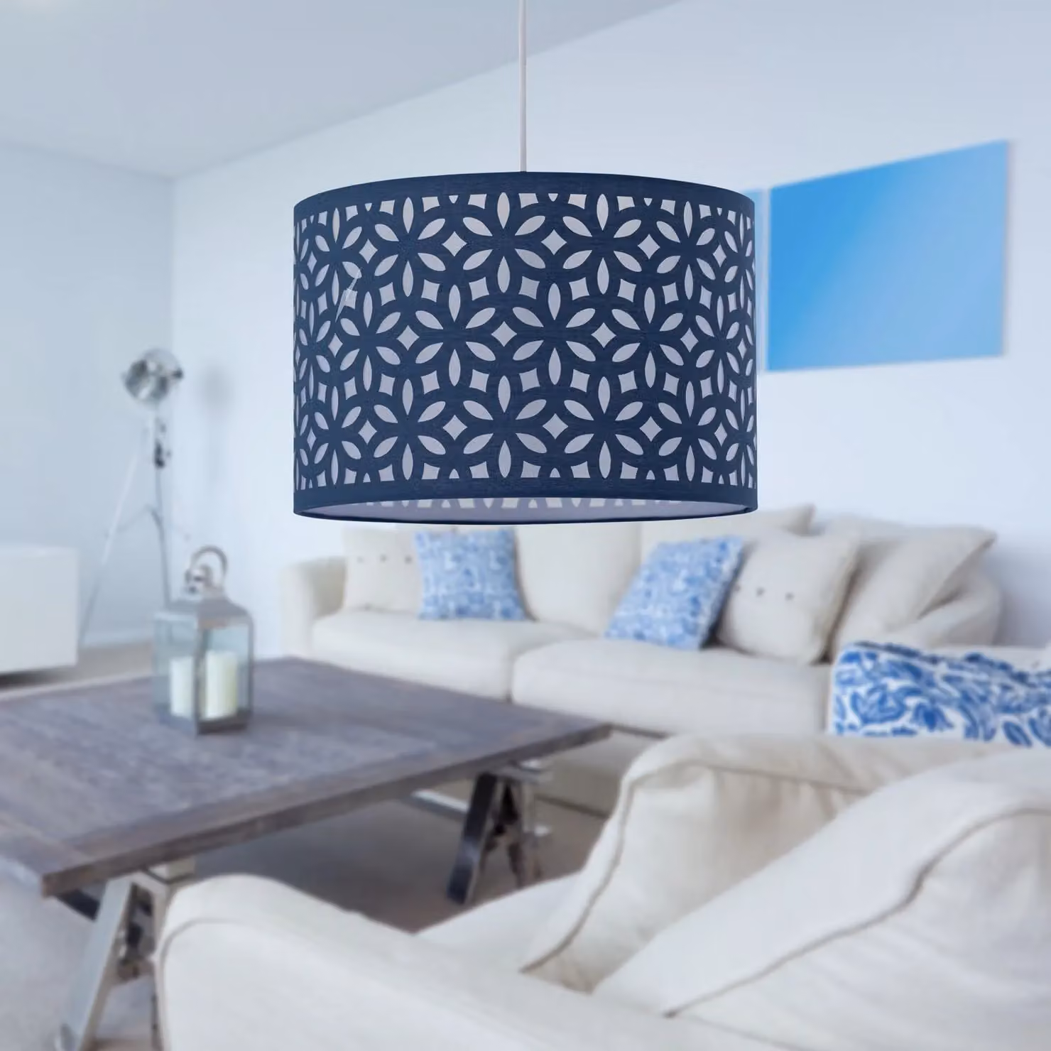 First Choice Lighting Set of 2 Blue Fabric Round Modern Pendant Lightshades, Diameter: 30 cm – 6