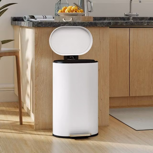 HOMCOM Slim Rectangular Pedal Bin with Soft-Close Lid, 30L Metal Kitchen Bin in Beige