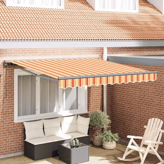 Berkfield Home Manual Retractable Folding Arm Awning in Yellow, Orange and Grey Striped, W: 300 cm, D: 250 cm