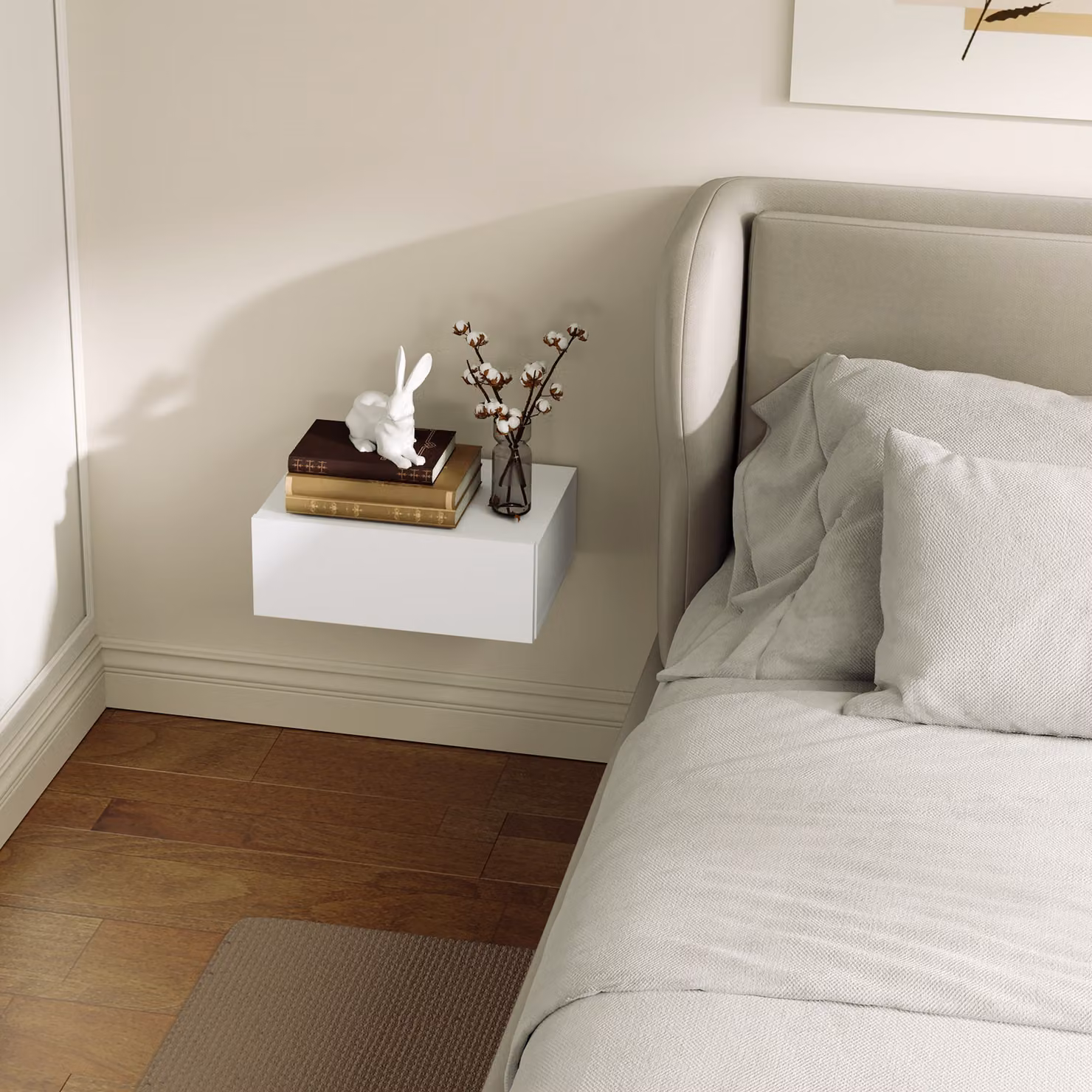 HOMCOM White Wall-Mounted Floating Bedside Table with Storage Drawer – 3