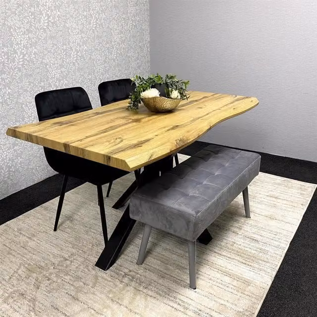 Kosy Koala Natural Wood Dining Set with 2 Black Velvet Chairs and Grey Velvet Bench