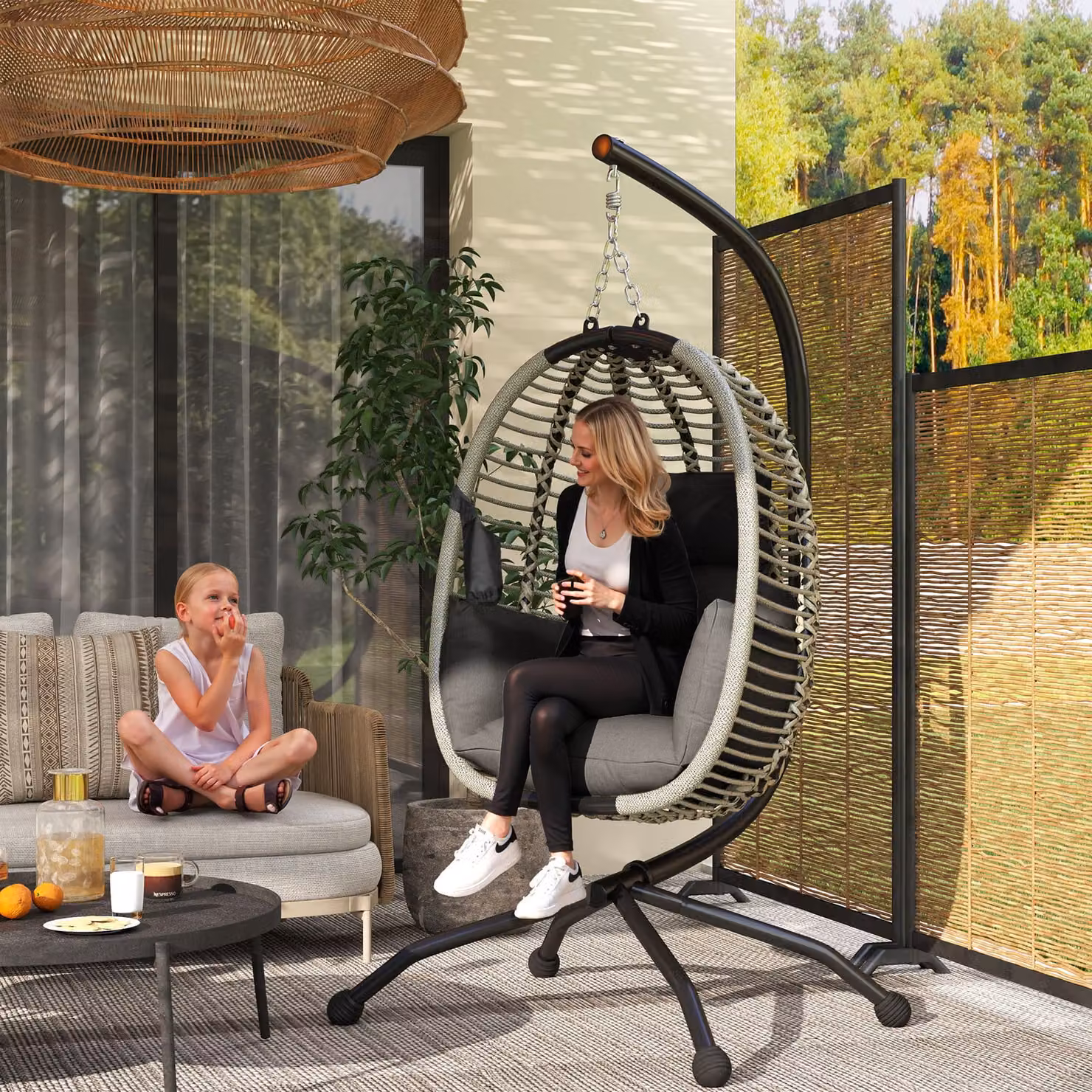 Outsunny Modern Egg Swing Chair with Metal Stand and Padded Cushions in Dark Grey – 2