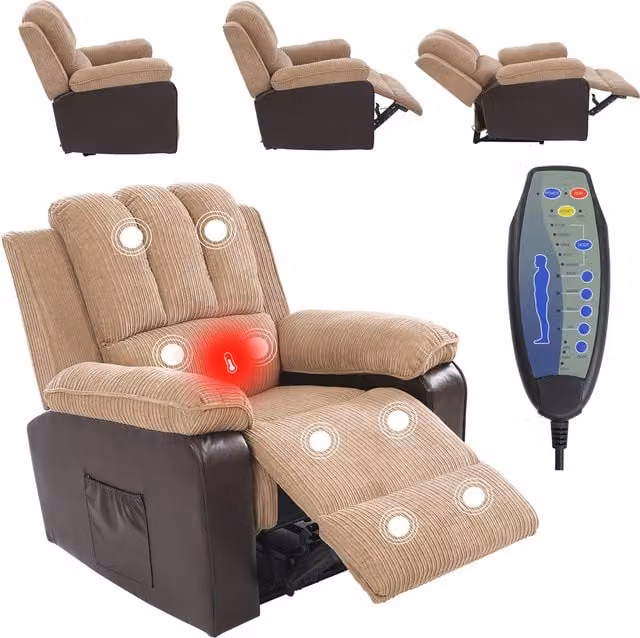 Furniture One Jumbo Cord Electric Recliner Armchair with Massager in Brown