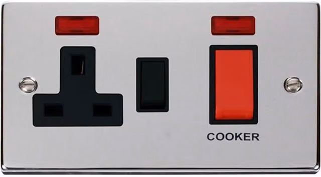 SE Home Polished Chrome Cooker Control 45A with 13A Switched Plug Socket and 2 Neons in Silver