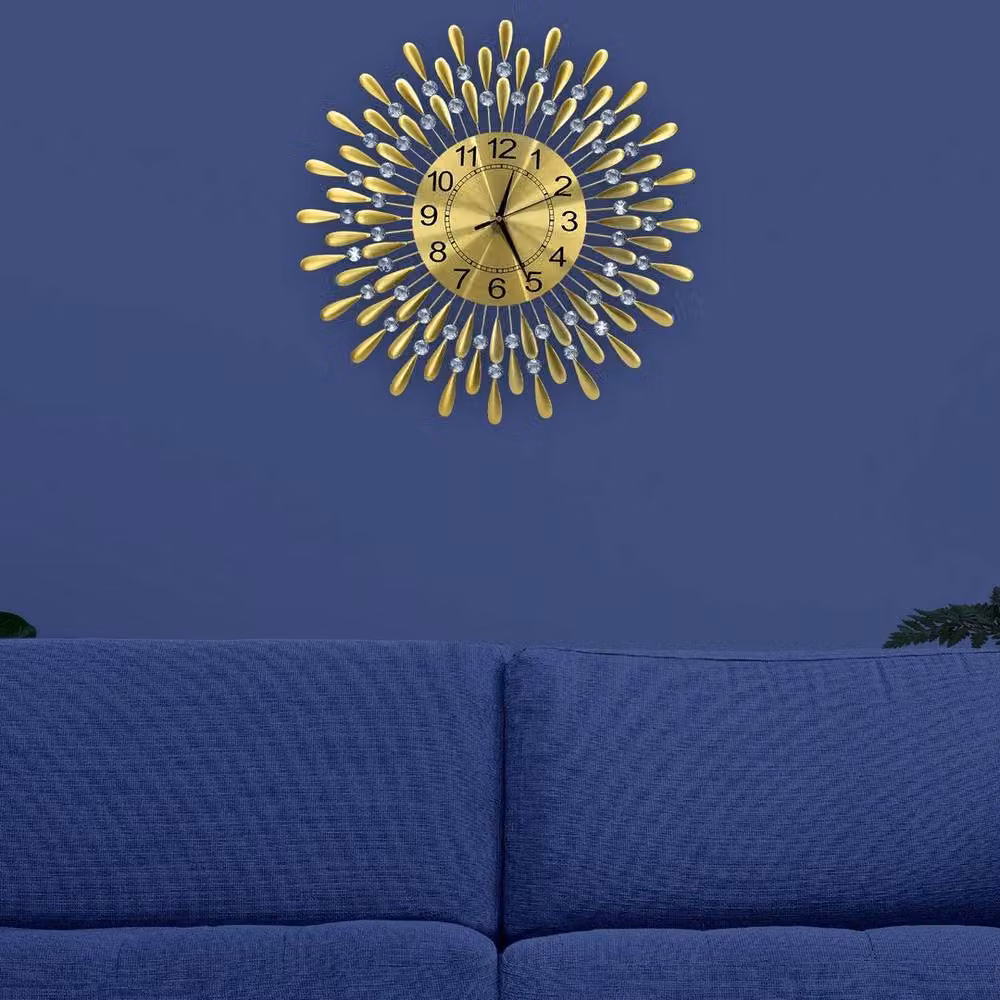FLAVORA Modern Round Diamante Crystal Jewelled Wall Clock in Metallic Gold, Diameter: 38 cm – 2