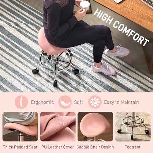 HOMCOM Pink PU Leather Adjustable Rolling Saddle Stool for Spa and Salon – 4