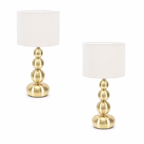 ValueLights Marissa Pair of Gold and Brass Stacked Ball Table Lamps with Fabric Shades – 1