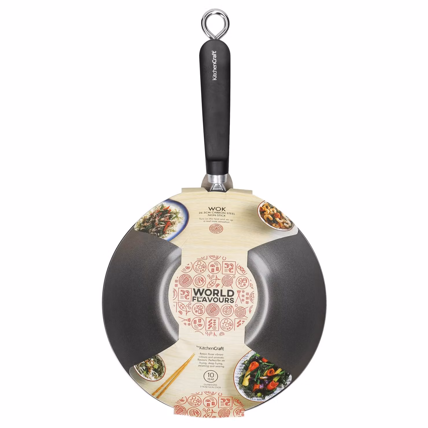 KitchenCraft Non-Stick Carbon Steel Wok, Black or Grey, 26.5 cm – 3