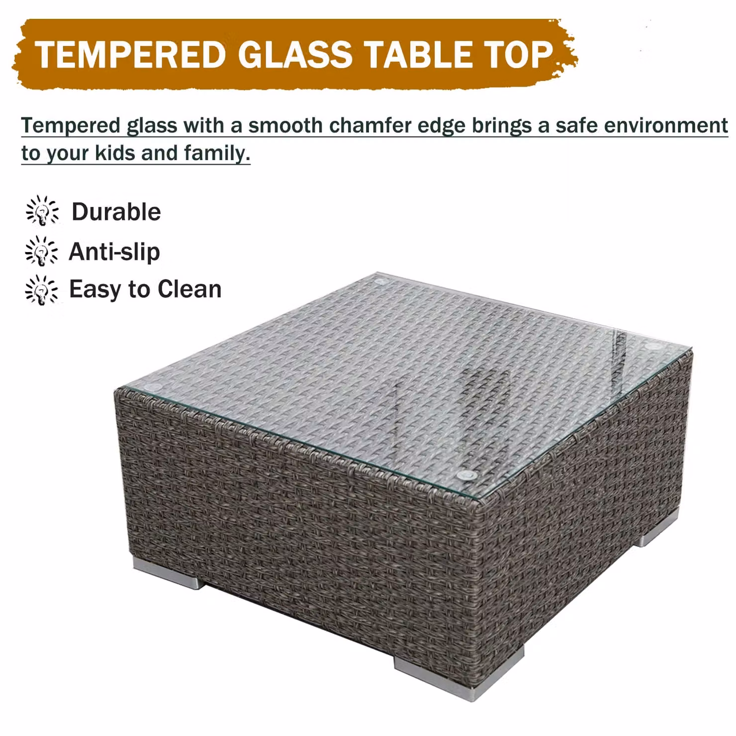 FURNITURE ONE 3 Piece L-Shaped Rattan Garden Corner Sofa Set with Tempered Glass Table in Grey – 6