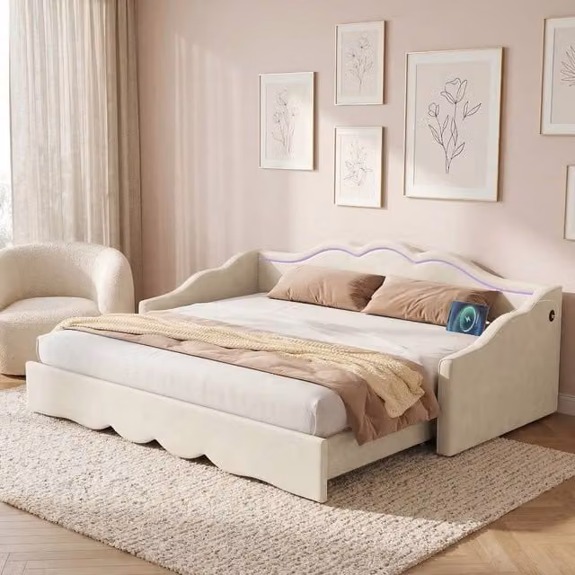 Rolipo Beige Velvet Extendable Daybed with LED Lighting, USB Ports and Side Compartments, W/D/H: 180 x 200 x 190 cm