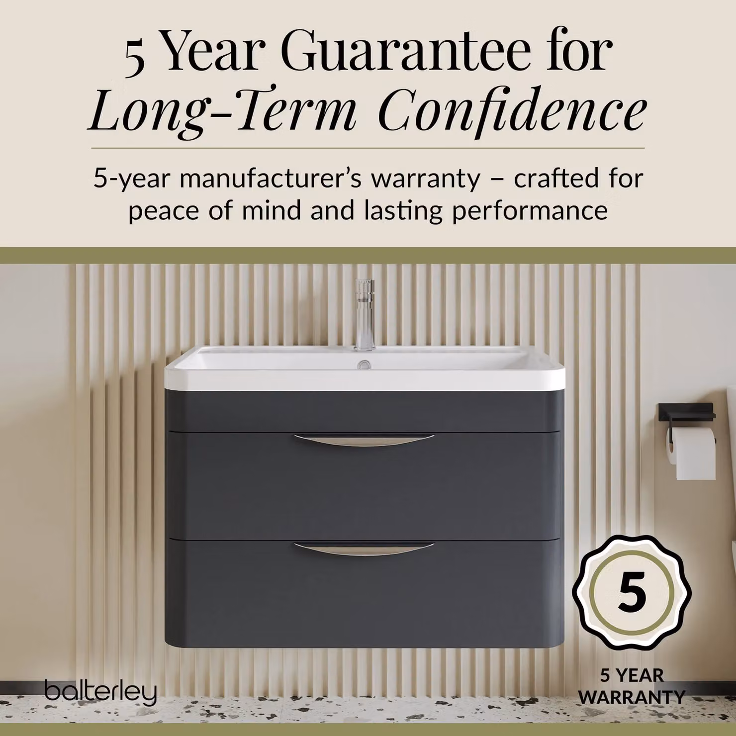 Balterley Wall Hung 2 Drawer Bathroom Vanity Unit and Basin, Dark Grey, W: 75.5 cm, D: 54.0 cm – 3