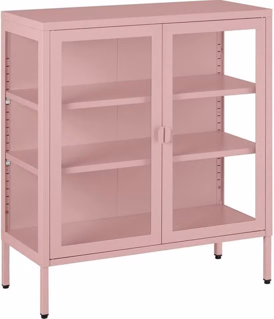 tectake Baker Metal Display Case with Glass Doors in Pink