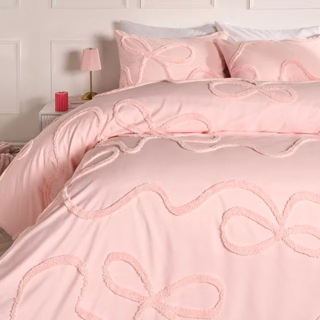 OHS Pink Tufted Bow Bedding Set with Duvet Cover and Pillowcase, Double, 140 x 200 cm