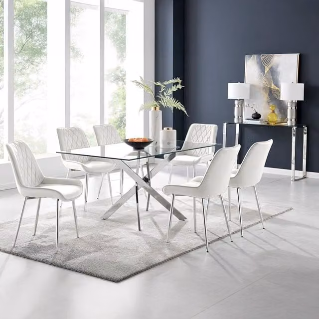 FurnitureboxUK Leonardo Dining Table with Six Pesaro Silver Leg Chairs in Cream and White