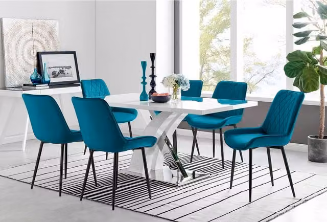 FurnitureboxUK Atlanta 6 White Rectangular Dining Table and 6 Pesaro Black Leg Chairs in Blue