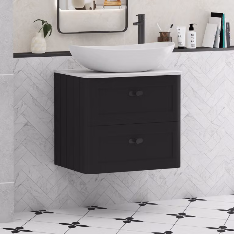 Royal Bathrooms Henley Matt Nocturne Black Wall Hung 2 Drawer Vanity Unit with Carrara White Worktop