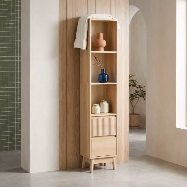 sweeek Scandinavian Style 3-Shelf Wood Storage Column with 2 Drawers in Light Brown, H 180 x W 64 x D 20 cm – 1
