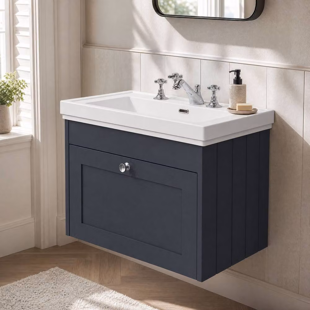 Balterley Classic 600mm Wall Hung 1 Drawer Unit and 3 Tap Hole Basin in Matt Dark Grey – 2