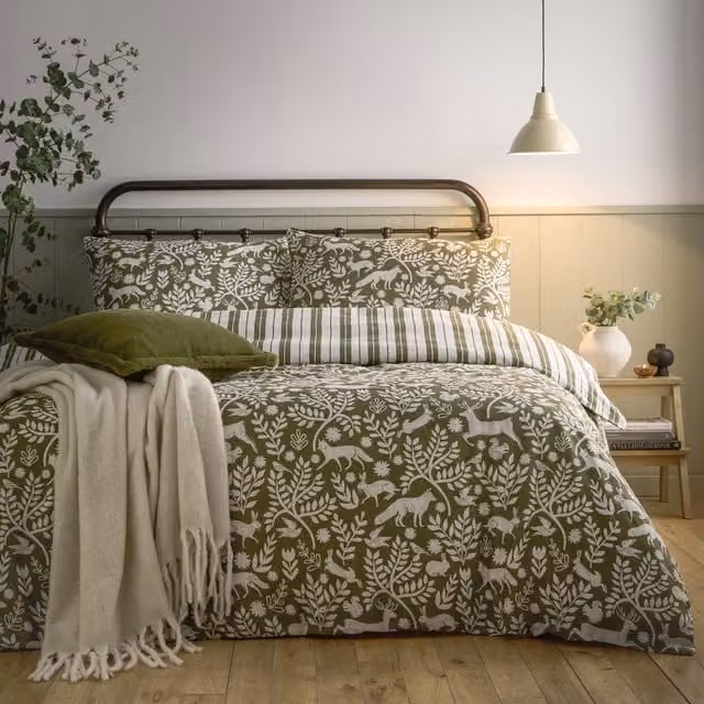 Make It A Home Skandi Woodland Reversible Brushed Cotton Duvet Cover Set, Green, 200 x 200 cm