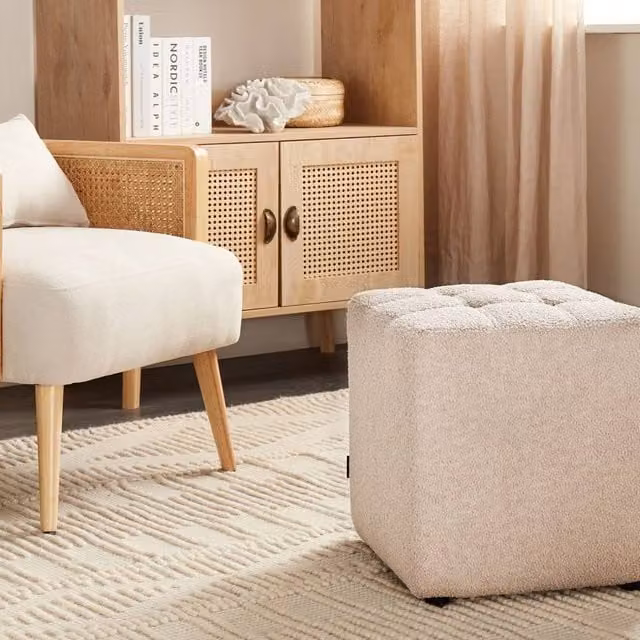 Wyld and Coco Beige Boucle Square Ottoman Footstool W/D/H: 38 x 38 x 38 cm – 1