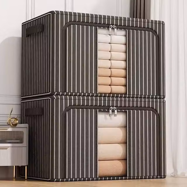 Ventryn 100L Foldable Storage Boxes with Handles, Black and White Stripes, Transparent Finish
