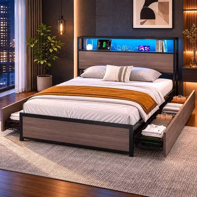 STILVORA Single Bed Frame in Grey with LED Lighting, USB Charging Port and 4 Drawers, W/D/H: 90 x 190 x 105 cm