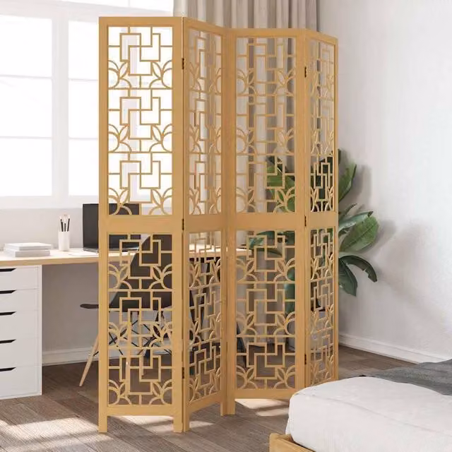 Berkfield Home 4-Panel Room Divider in Light Tan Paulownia Solid Wood – 1