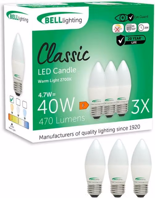 British Light Works E27 LED Filament Candle Bulbs, 4.7W, Warm White 2700K, Pack of 3