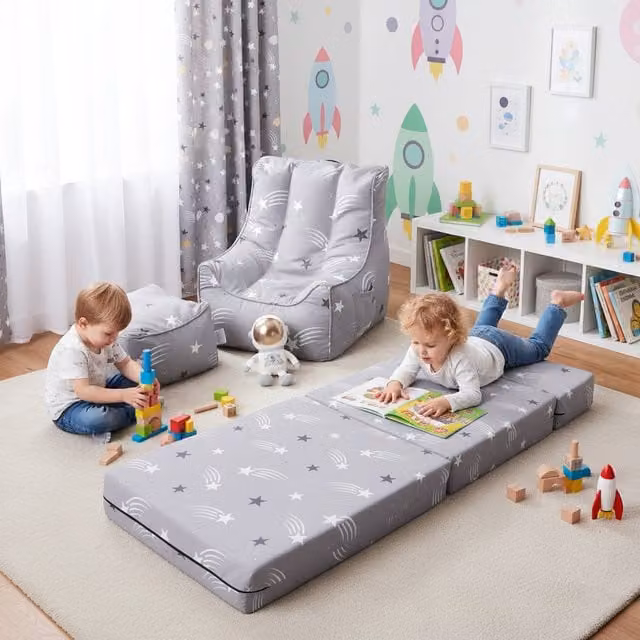 Ready Steady Bed Kids Sofa Bed, Bean Bag Chair and Footstool Set in Grey Shooting Stars Design
