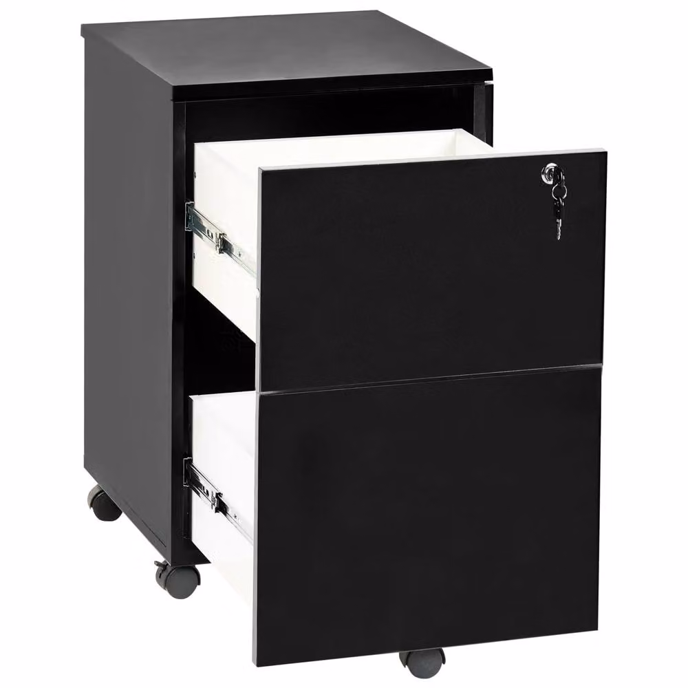 Wyld and Coco Black Wood Mobile Office Storage Unit with Lockable Drawers and Castors – 4