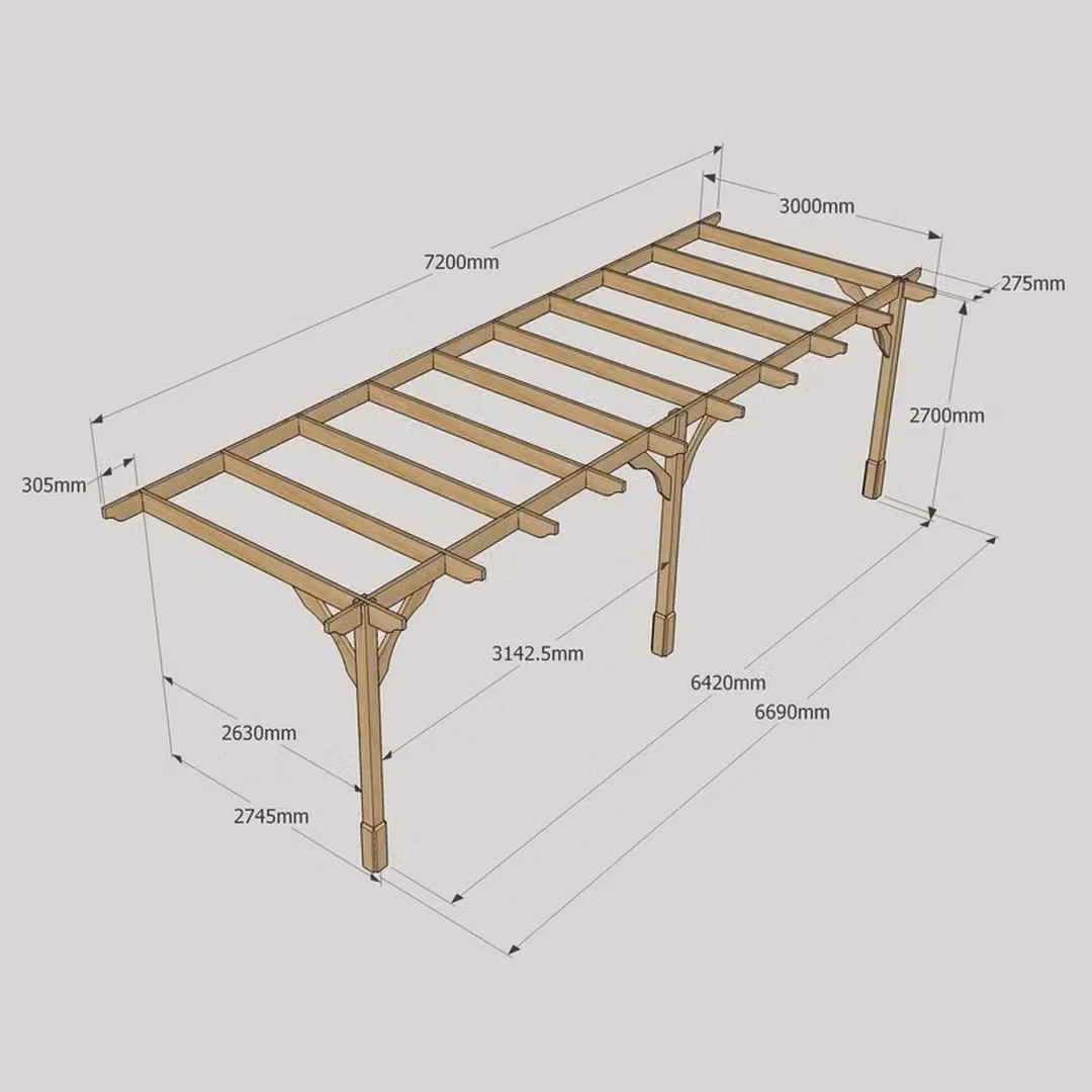 Rutland County Garden Furniture Ltd Premium Wall Mounted Lean-to Pergola with 3 Posts, Brown, W: 720 cm, D: 300 cm, H: 270 cm – 5