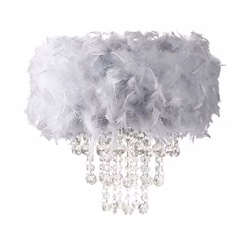 Happy Homewares Contemporary Grey Feather Chandelier Pendant Light with Transparent Acrylic Droplets, Diameter: 32 cm