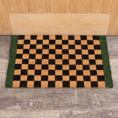 Melody Maison Rectangular Checked Coir and PVC Door Mat in Green and Brown, W/D/H: 60 x 40 x 1.5 cm
