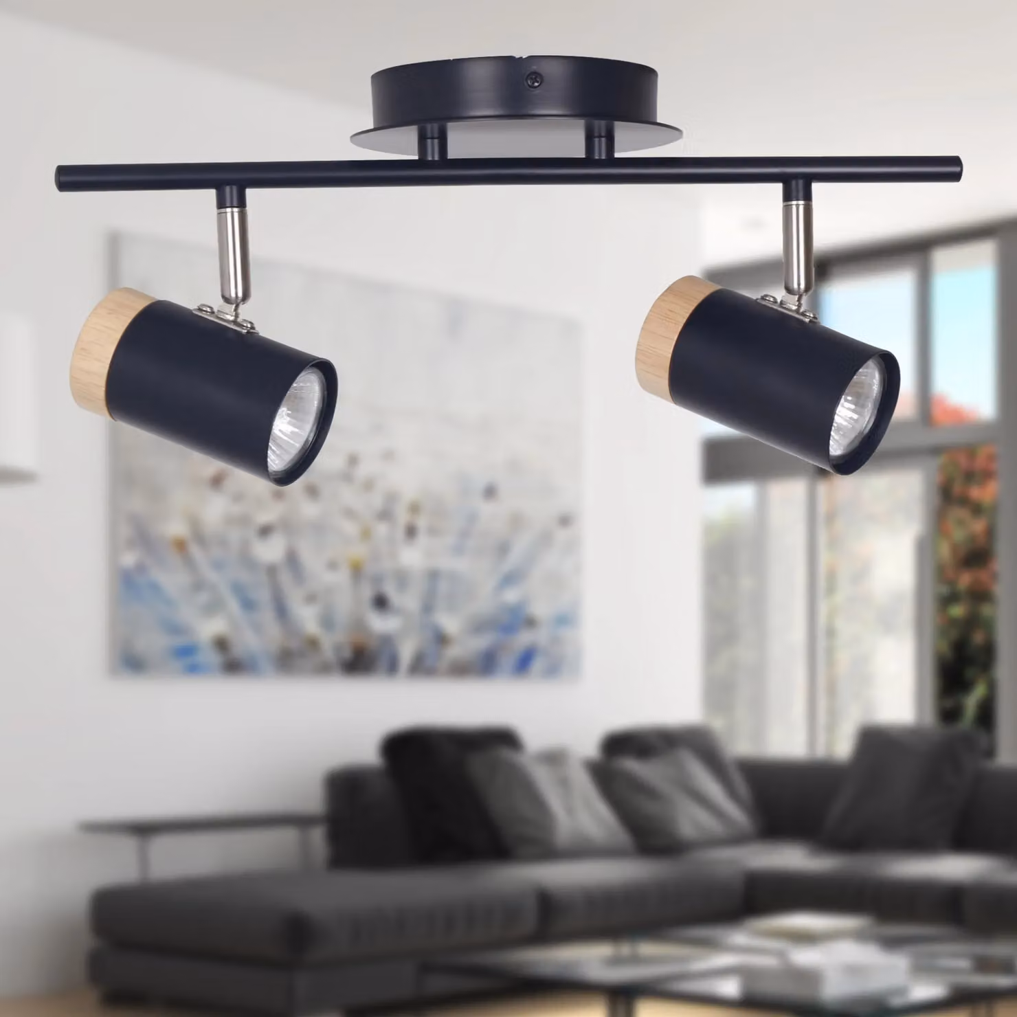First Choice Lighting Stratton Two Way Up and Down Spotlight in Black with Wood Detail – 3