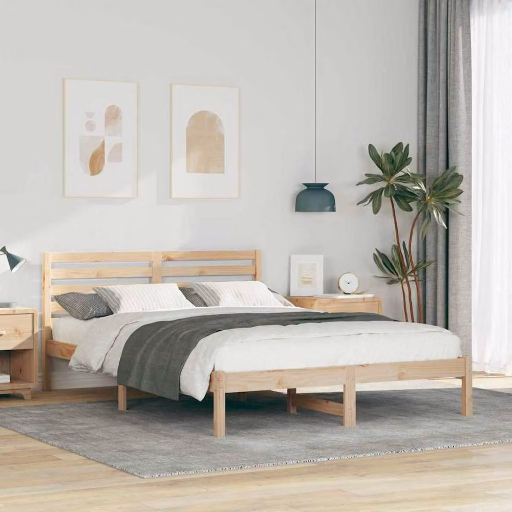 Berkfield Home Solid Pine Wood Bed with Headboard in Brown, W/D/H: 140 x 210 x 31 cm – 2
